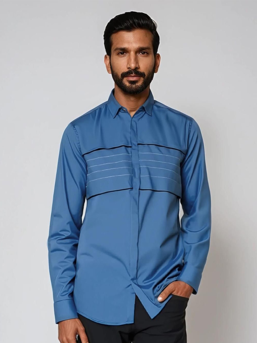 

HE SPOKE Men Smart Tailored Fit Opaque Striped Formal Shirt, Blue