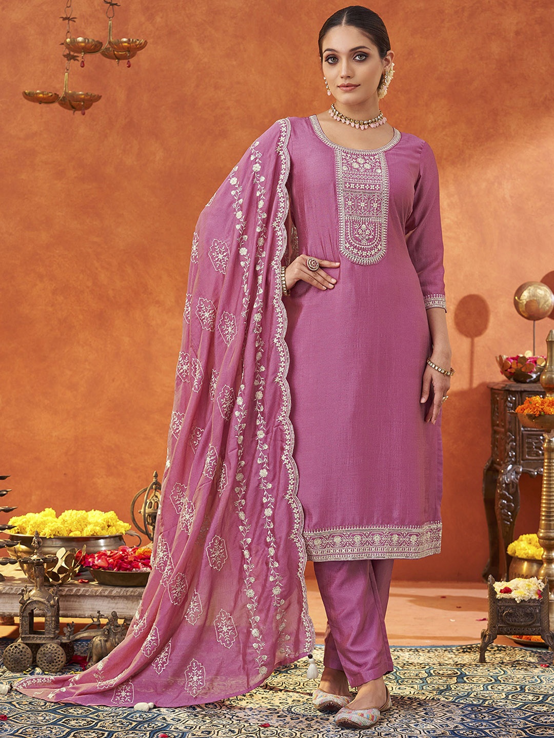 

Shaily Floral Embroidered Round Neck Straight Kurta With Trousers & Dupatta, Pink
