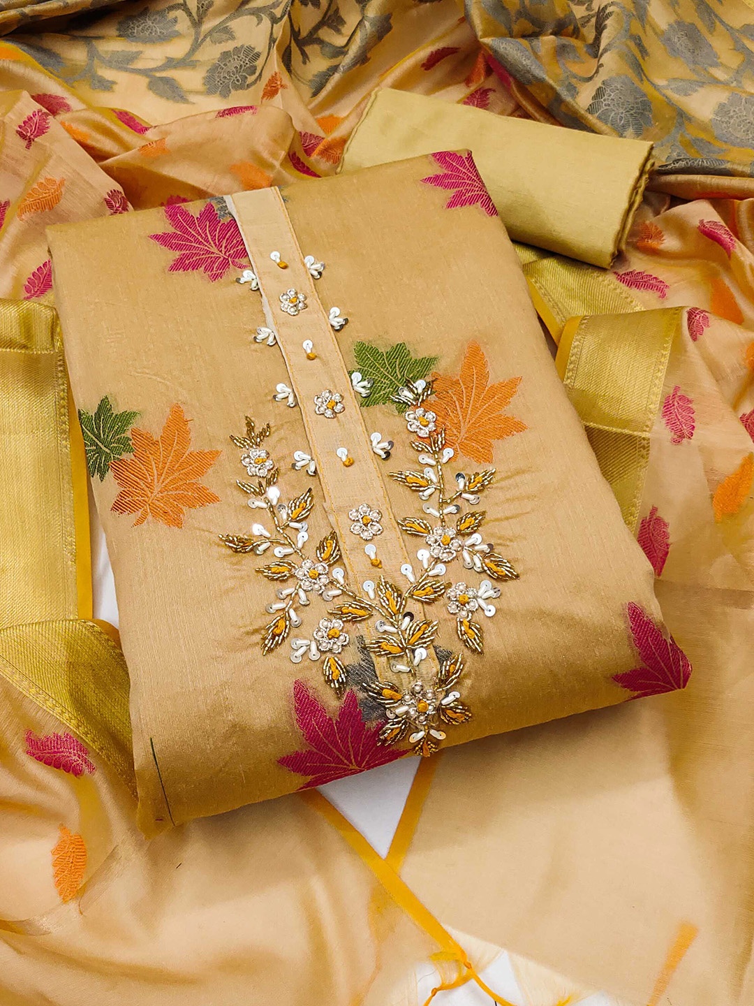 

SAINOOR Floral Beads And Stones Embroidered Semi-Stitched Dress Material, Beige