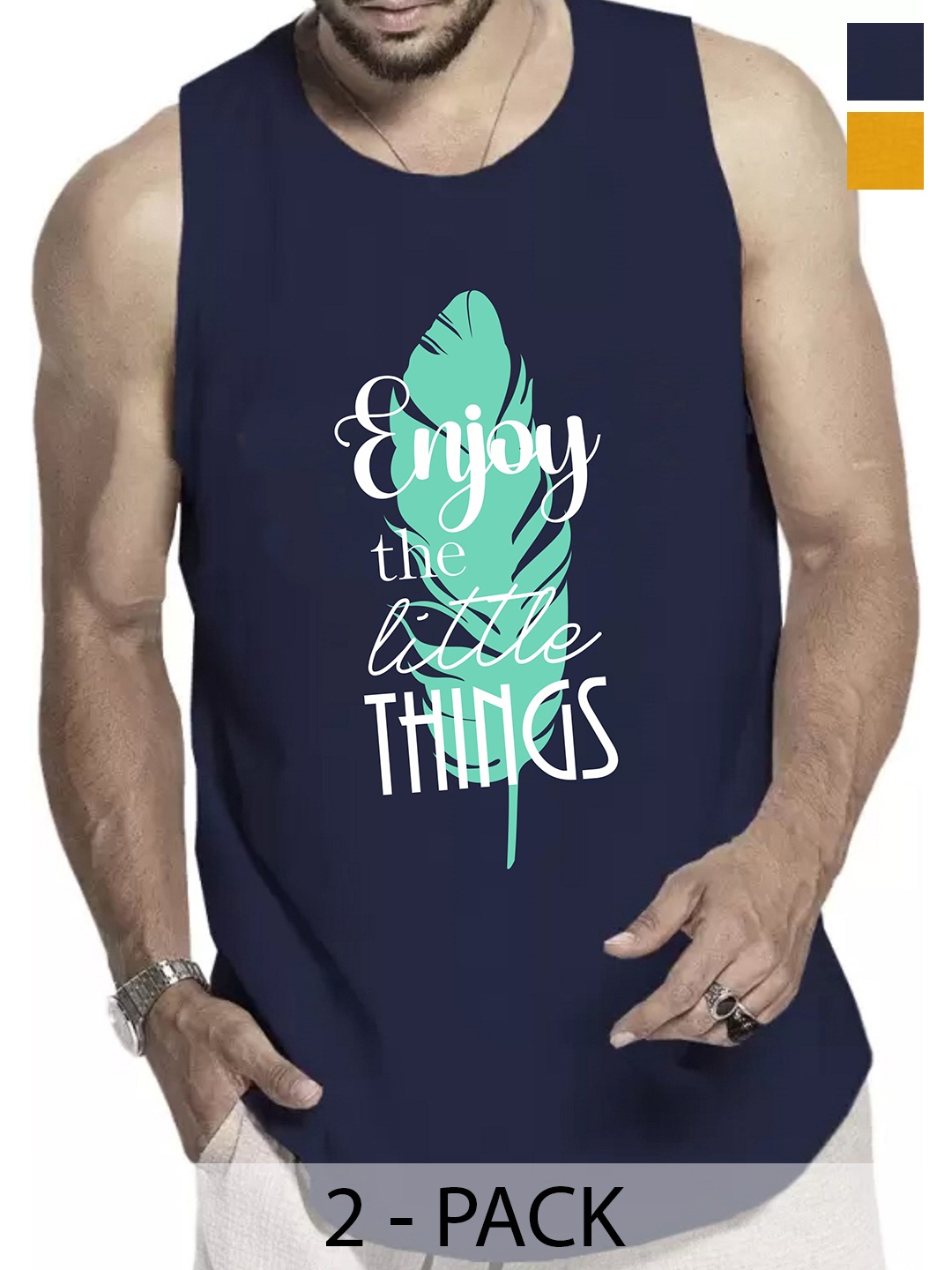 

WOOSTRO Pack Of 2 Printed Gym Vests RS26 (ENJOY NAVY)(HARD MUSTARD), Navy blue