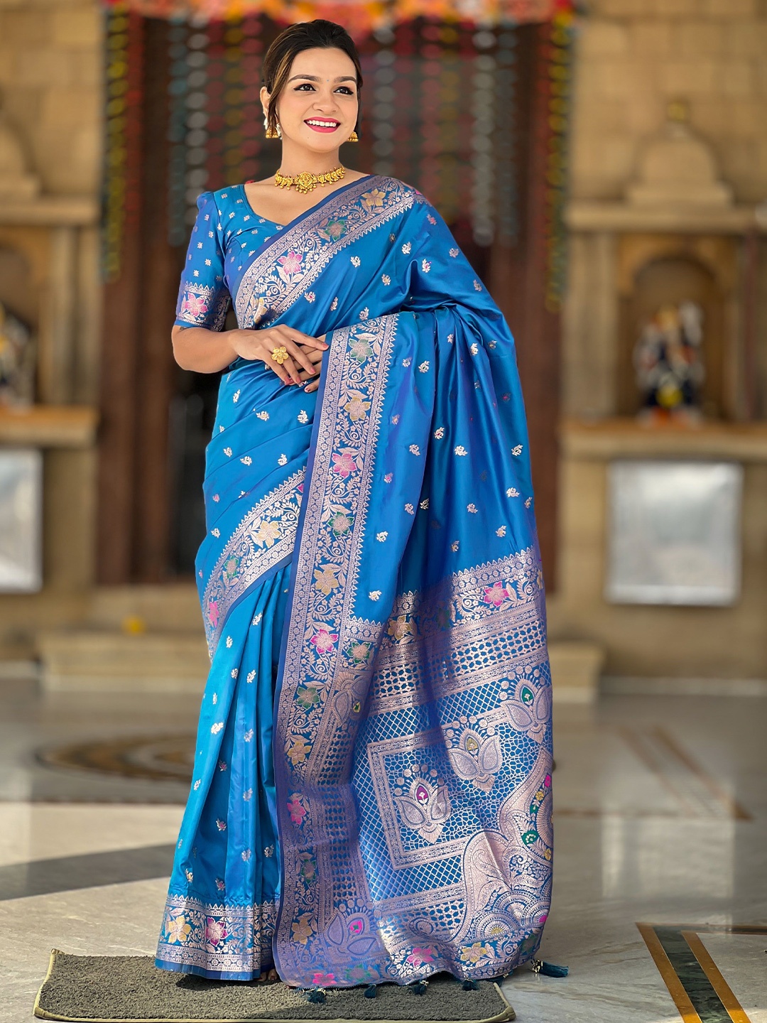 

Ekta Textiles Woven Design Zari Pure Silk Banarasi Saree, Blue