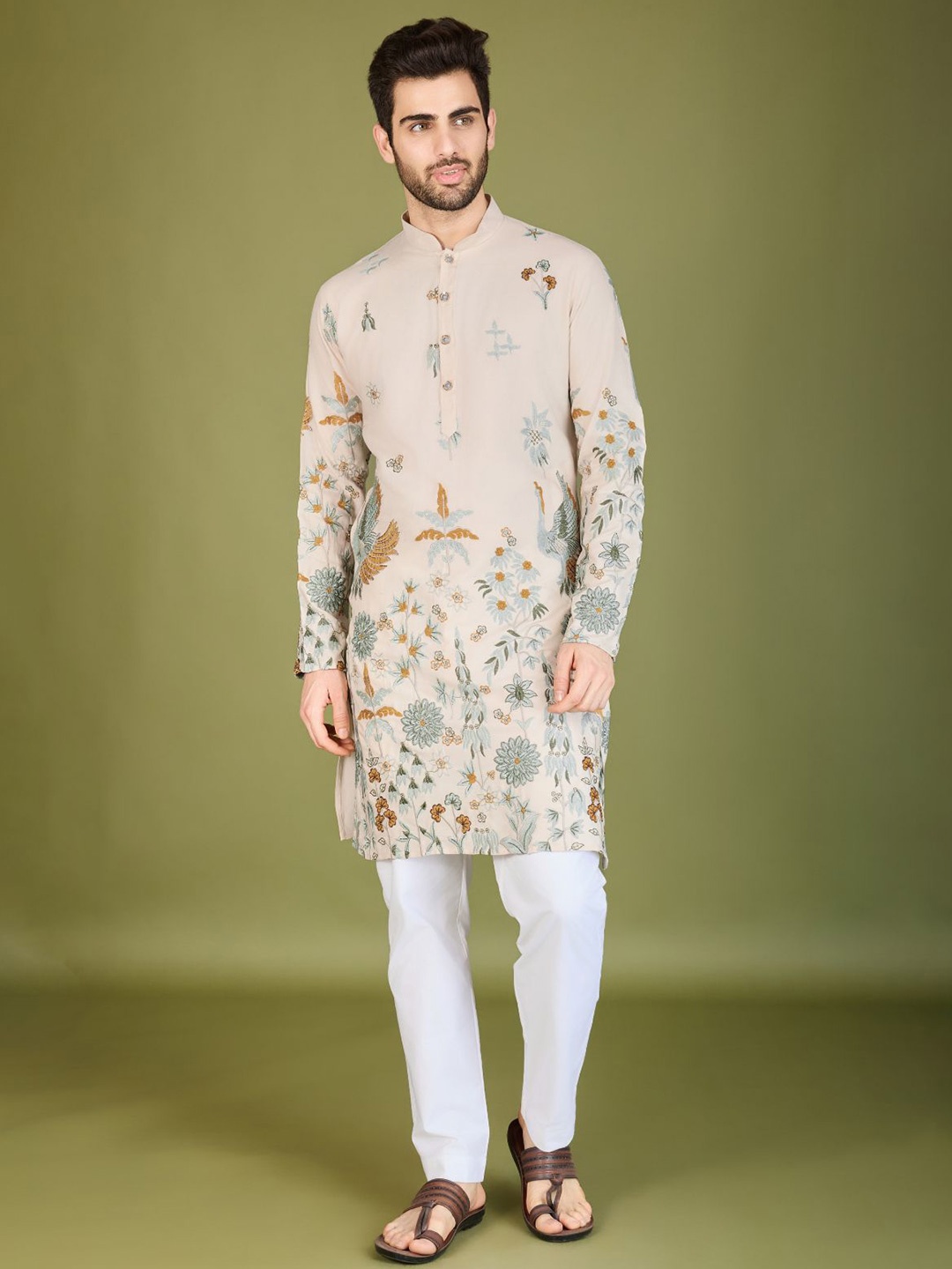 

ODETTE Floral Printed Mandarin Collar Straight Kurta, Cream