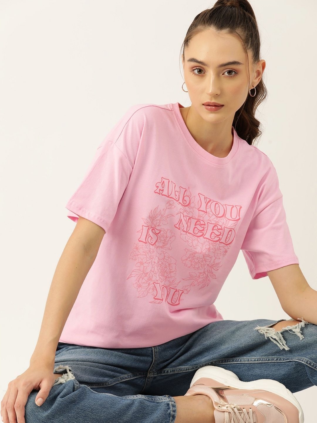 

DressBerry Women Floral Printed V-Neck Cotton Relaxed Fit T-shirt, Pink