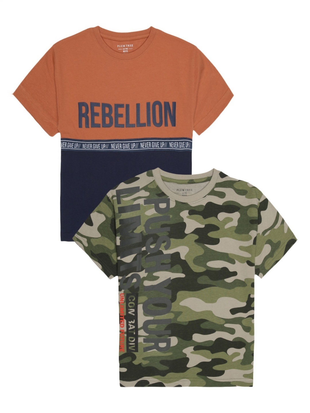

PLUM TREE Boys Pack Of 2 Camouflage Printed Round Neck Cotton T-shirts, Olive