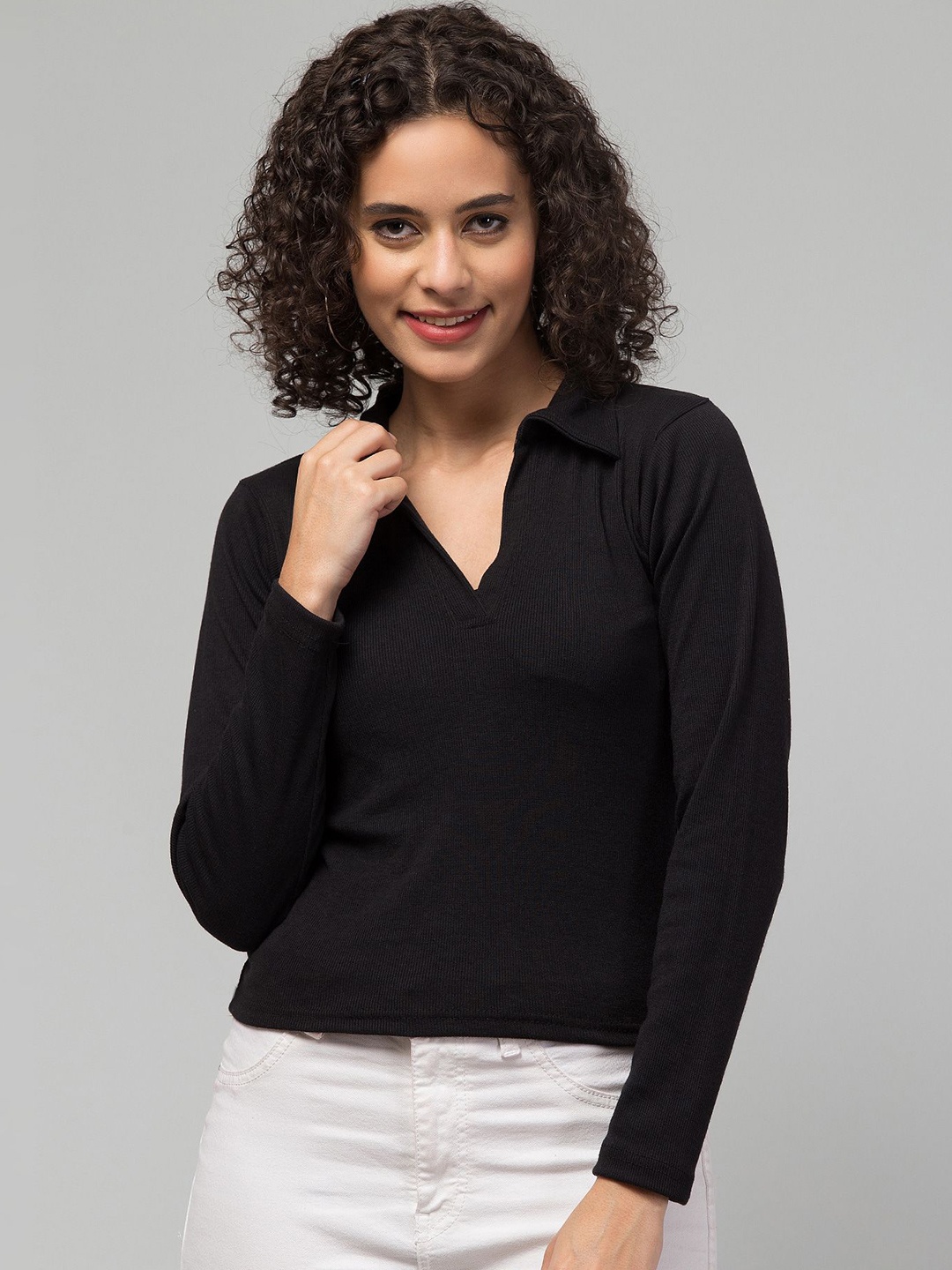 

Swaggish Women Shirt Collar Fitted Top, Black