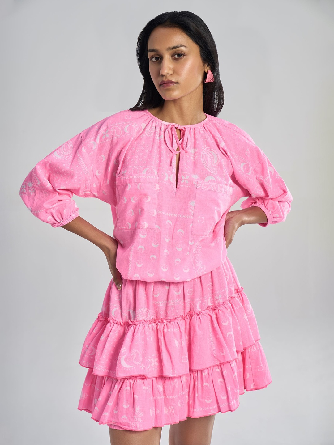 

Terra Luna Print Tie-Up Neck Puff Sleeve Fit & Flare Dress, Multi
