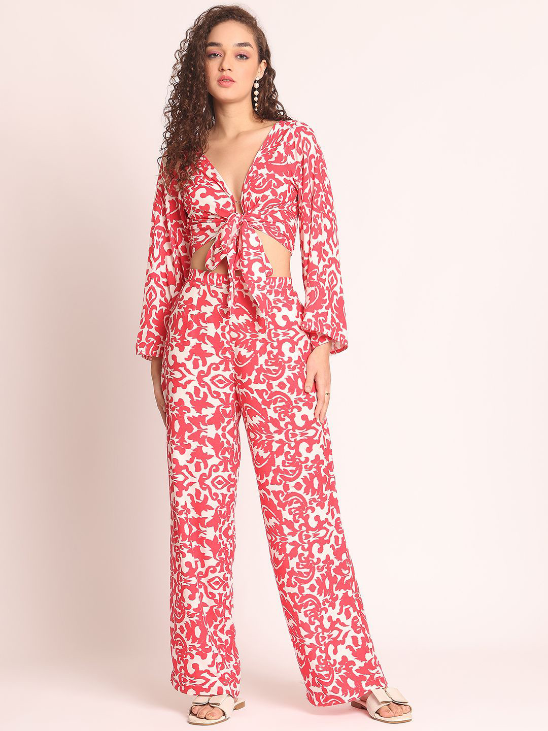 

EROTISSCH Red Floral Printed Long Sleeves Top & Trousers
