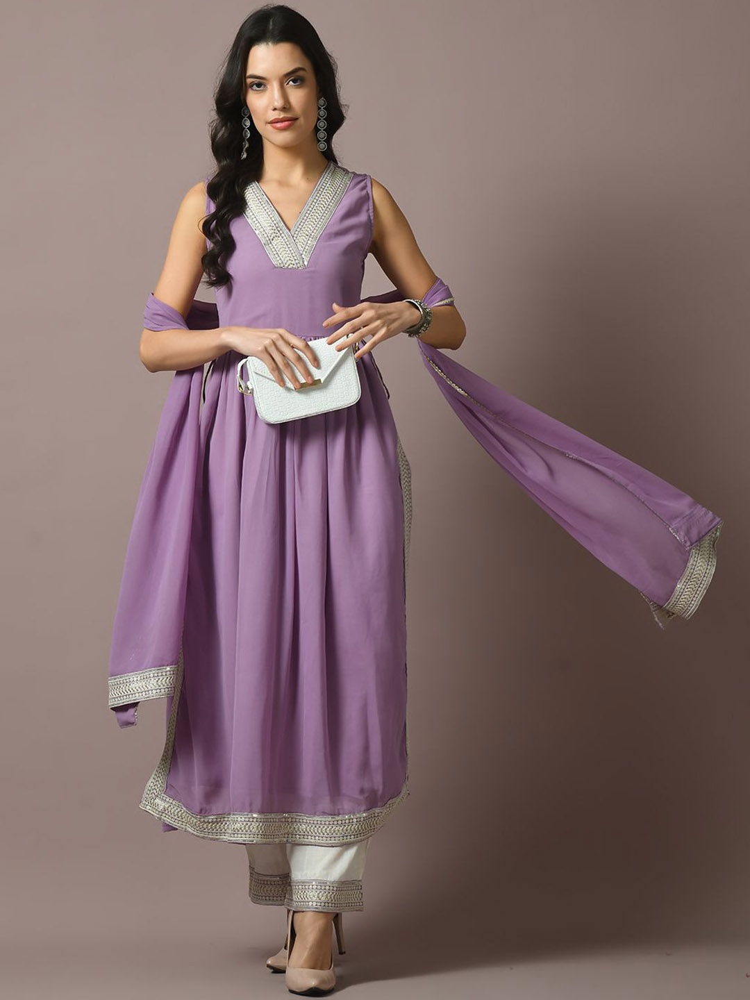 

KALINI Embroidered V Neck Pleated Georgette Kurta With Palazzos, Lavender