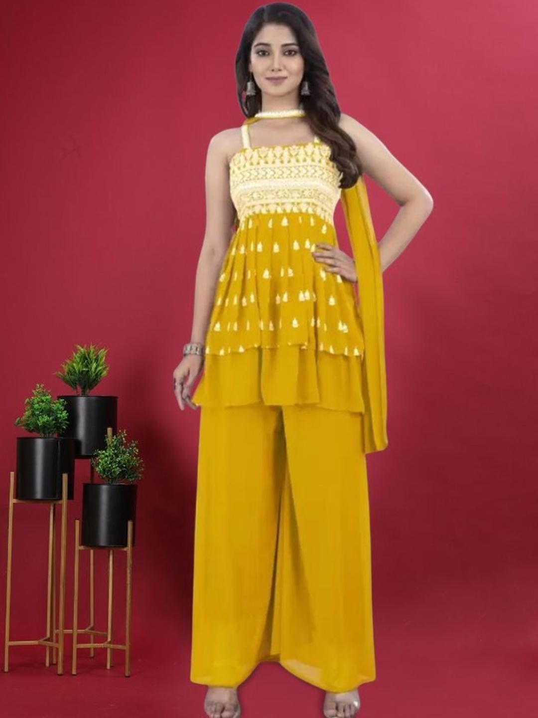 

PARROT CREATION Floral Embroidered Georgette A-Line Kurti With Palazzos And Dupatta, Yellow