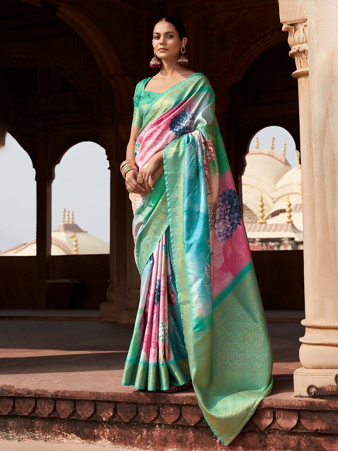 

MySilkLove Lotus Pink and Green Banarasi Handloom Saree