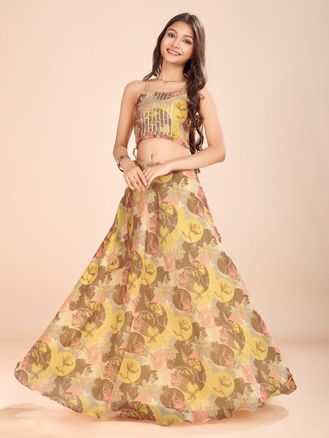 

Tasarika Girls Printed Gotta Patti Silk Ready To Wear Lehenga & Choli, Yellow