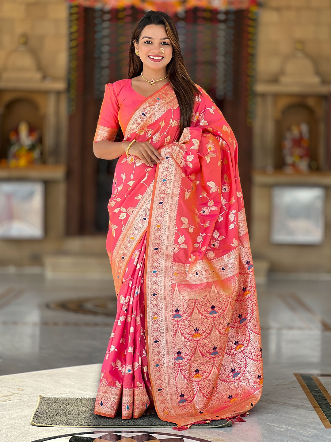 

Divyadham Textiles Woven Design Zari Pure Silk Banarasi Saree, Coral