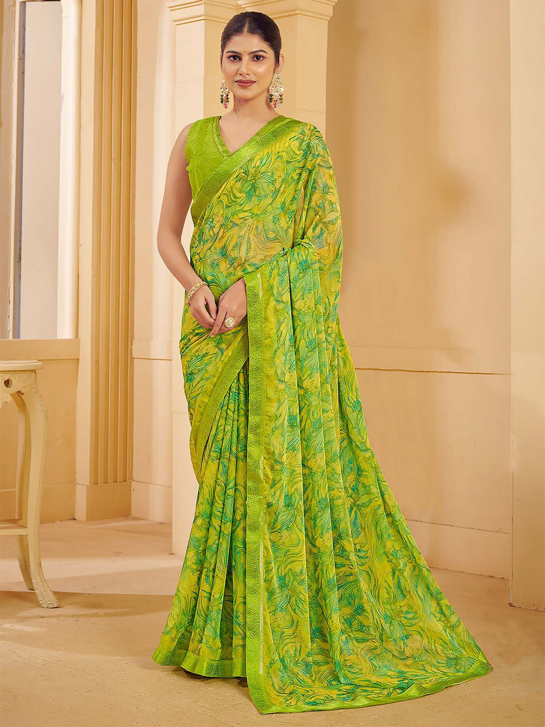 

Anouk Rustic Floral Printed Zari Sungudi Saree, Green