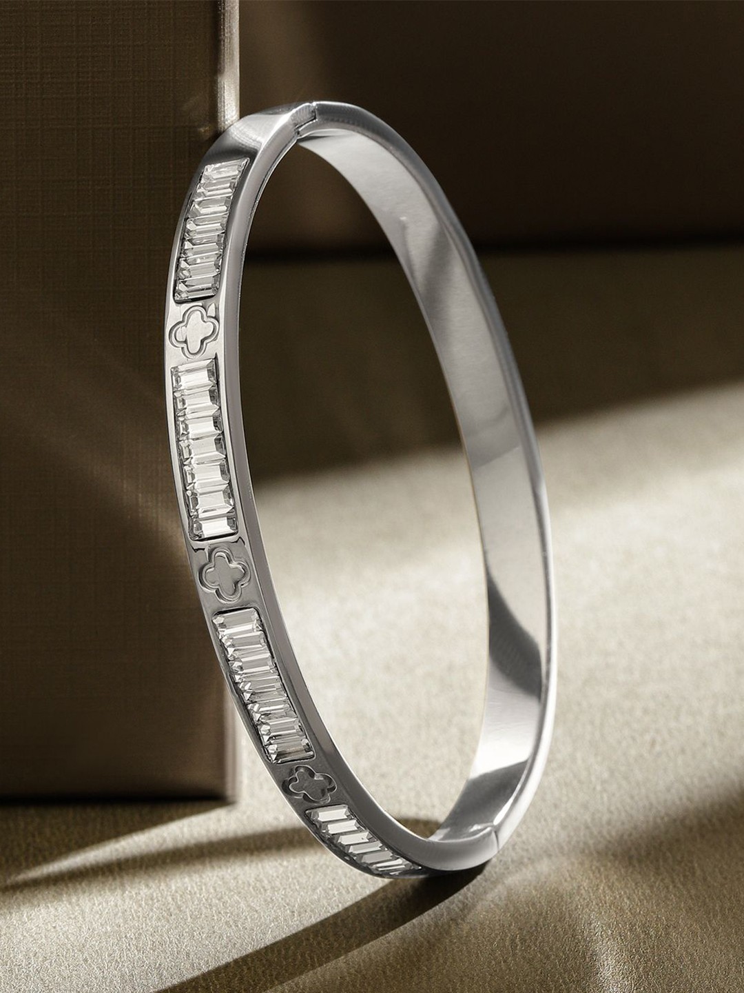 

Rubans Women Cubic Zirconia Handcrafted Rhodium-Plated Bangle-Style Bracelet, Silver