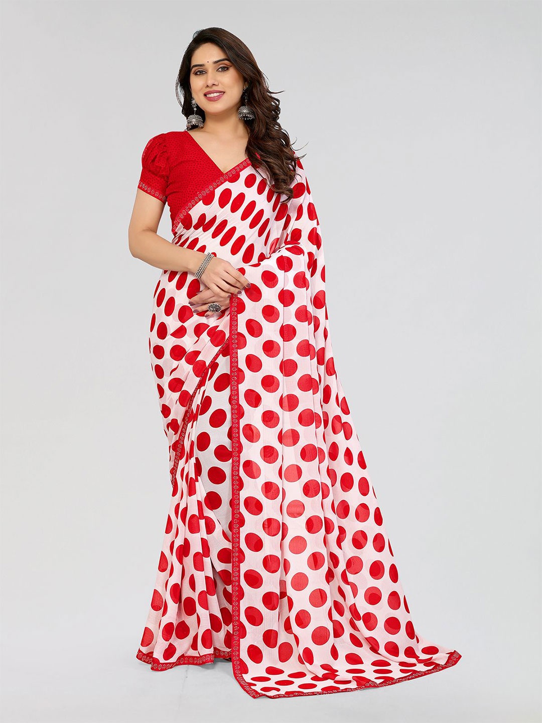 

Moda Rapido Polka Dot Poly Georgette Saree, Red