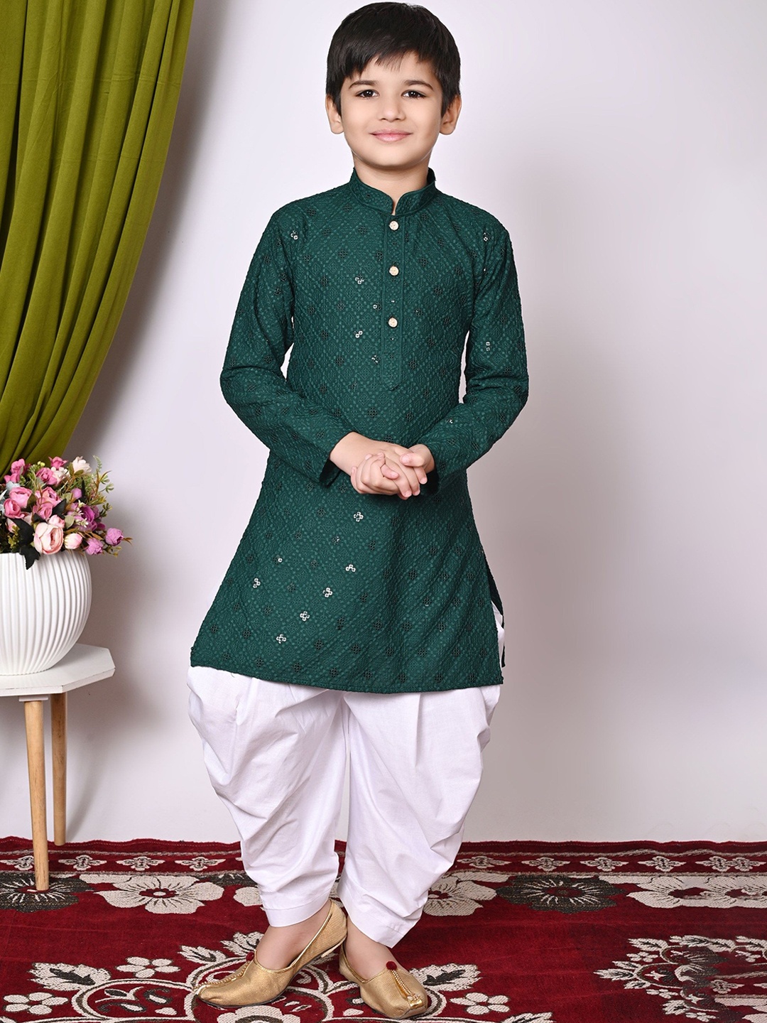 

Cae Boys Geometric Embroidered Mandarin Collar Sequinned Kurta With Patiala, Green