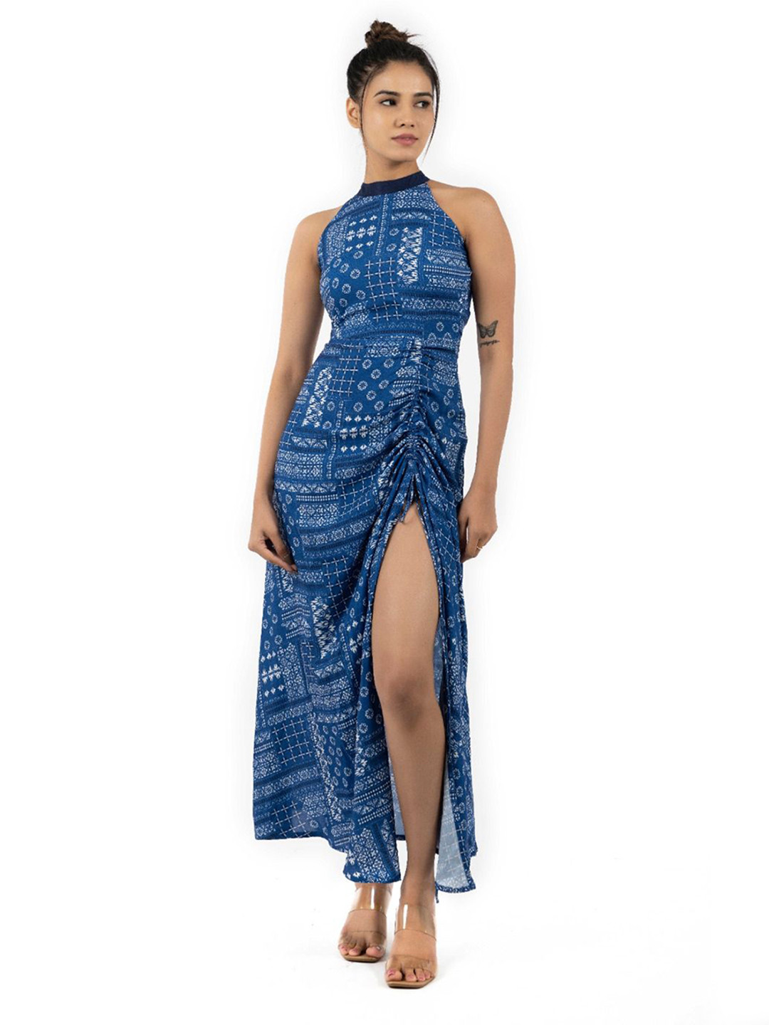 

KUNDAN FAB Print Halter Neck Maxi Dress, Blue