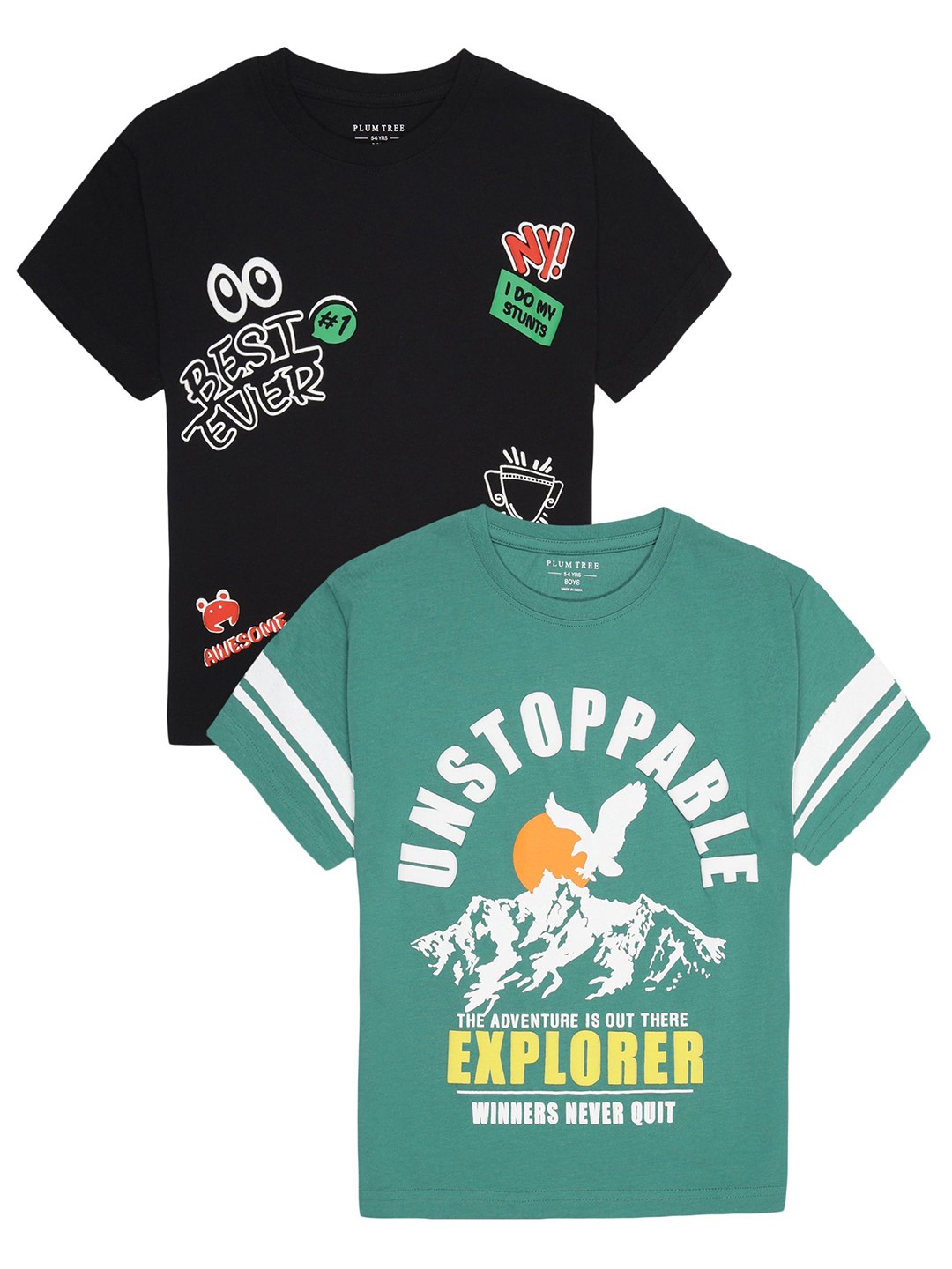 

PLUM TREE Boys Graphic Printed Round Neck Cotton T-shirts, Green