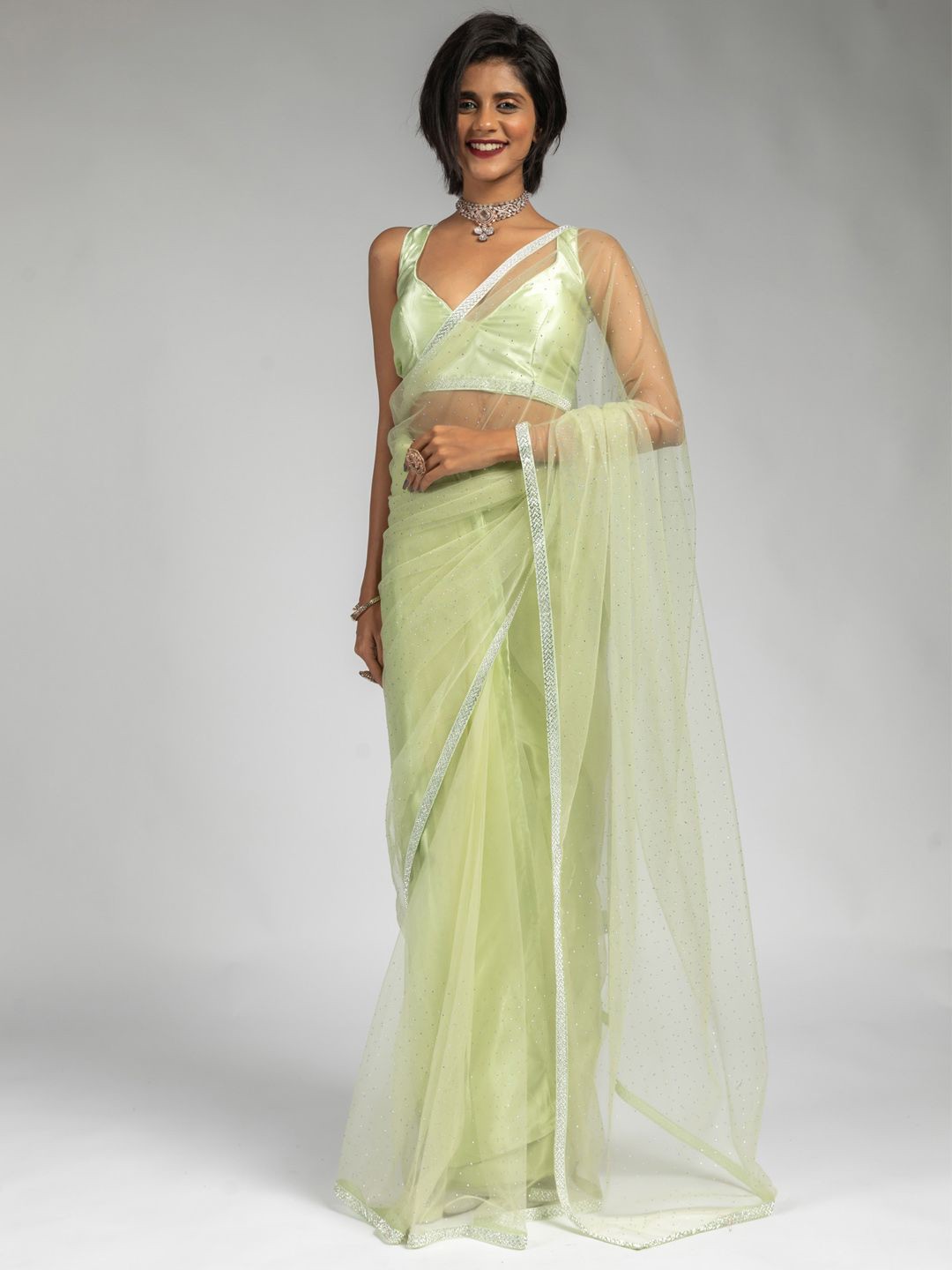 

Saree mall Embellished Beads and Stones Net Ready to Wear Sarees, Green