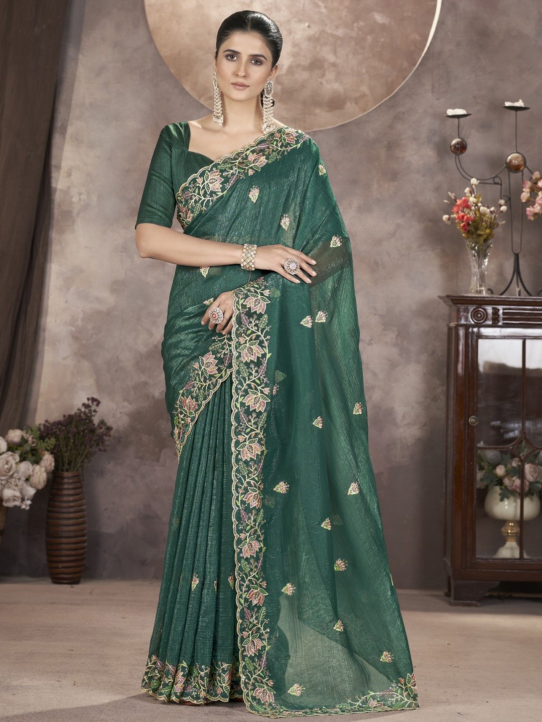 

Mitera Embellished Embroidered Saree, Green