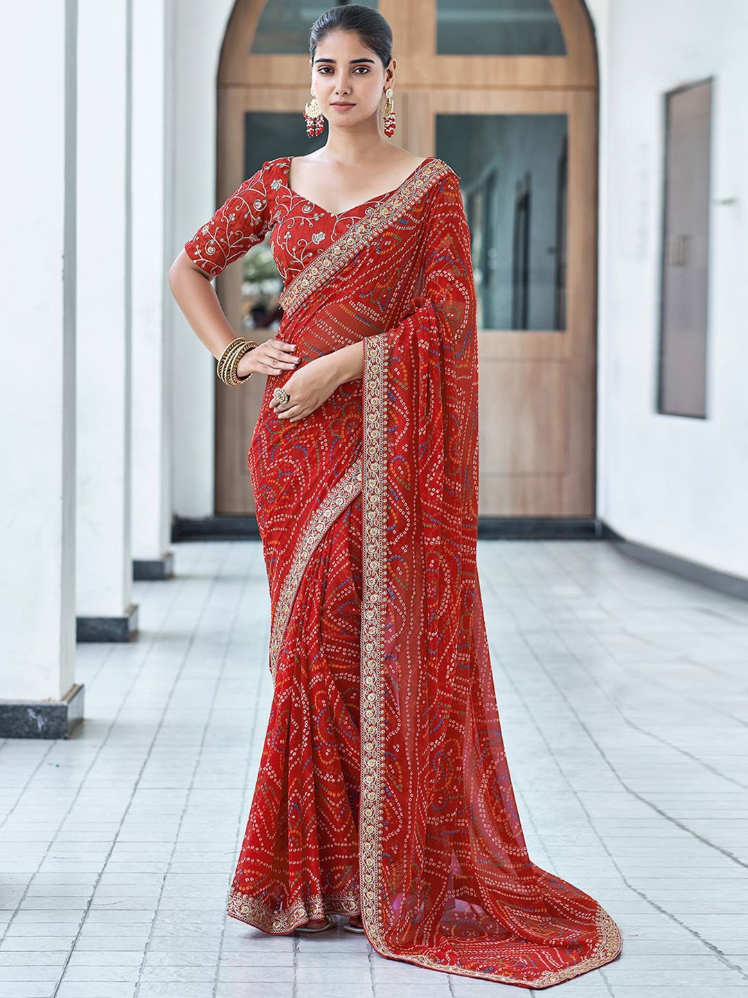 

all about you Bandhani Printed Sequinned Pure Georgette Saree, Red
