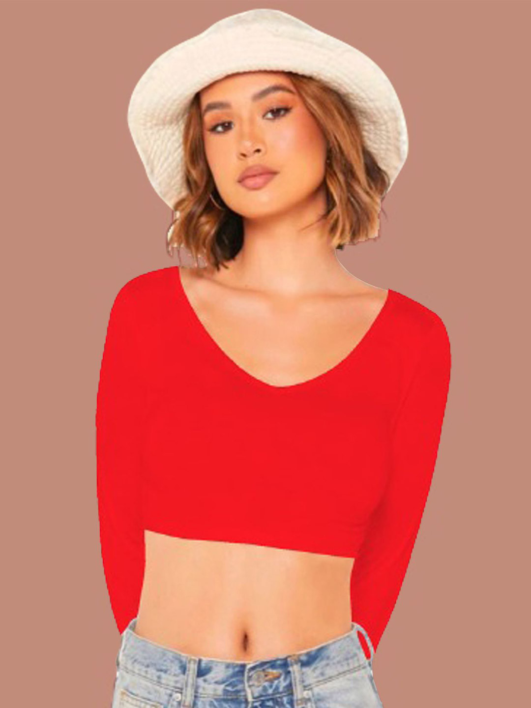 

Dream Beauty Fashion Women V Neck Long Sleeves Crop Top, Red