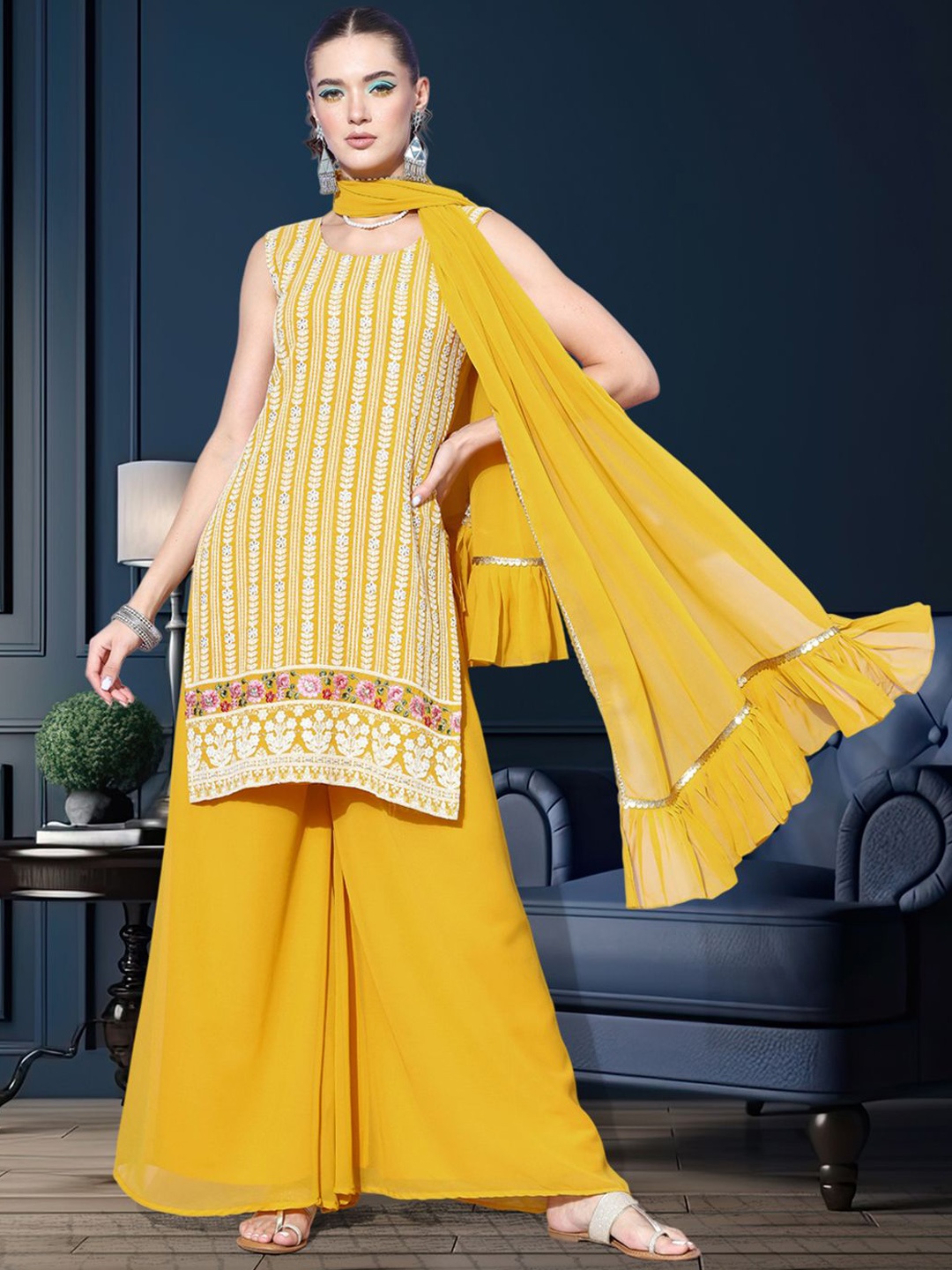 

Sangria Floral Embroidered Sequinned Work Georgette Straight Kurta With Palazzo & Dupatta, Yellow