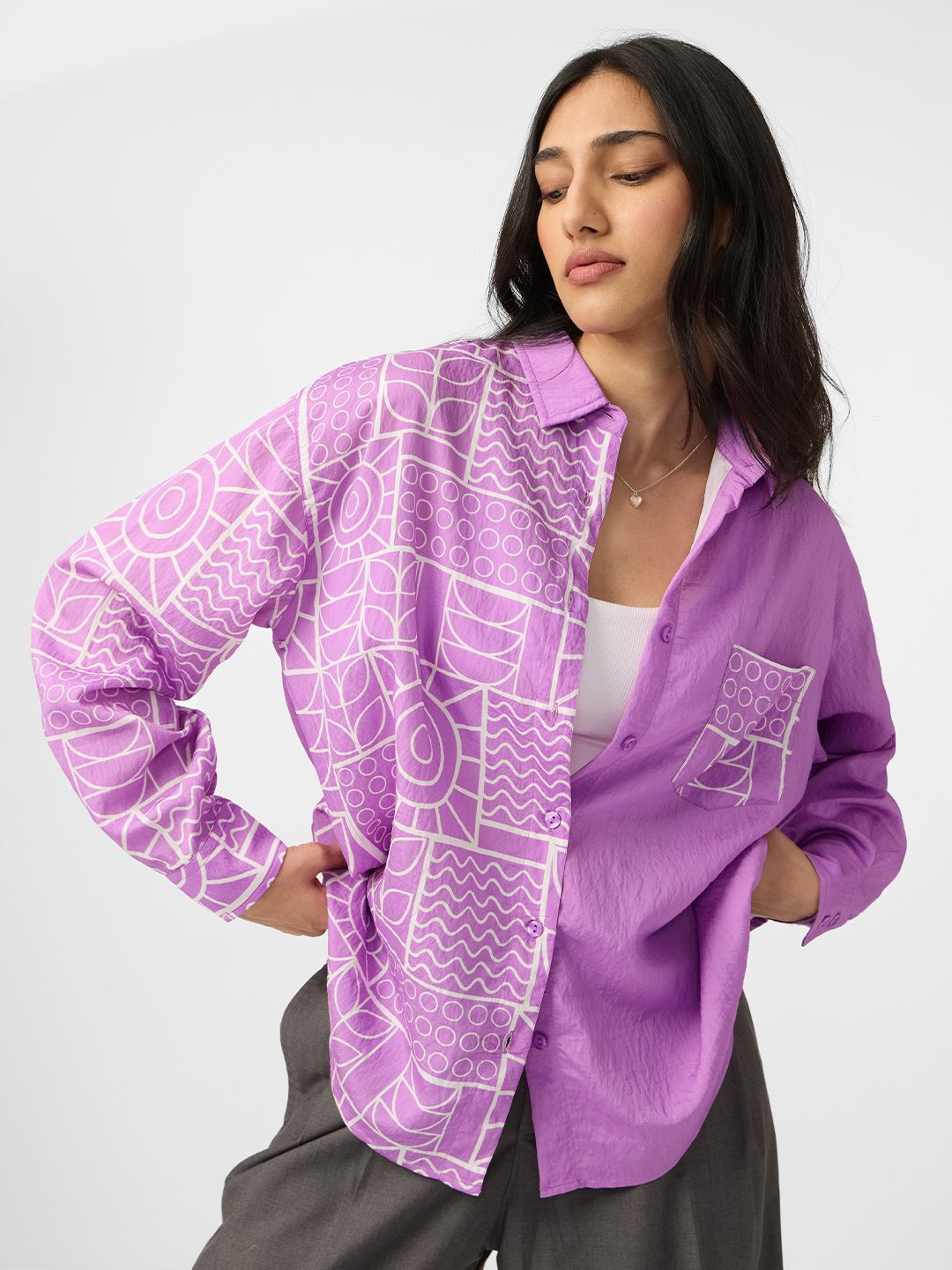 

The Souled Store Twilight Opaque Geometric Printed Casual Oversized Shirt, Purple