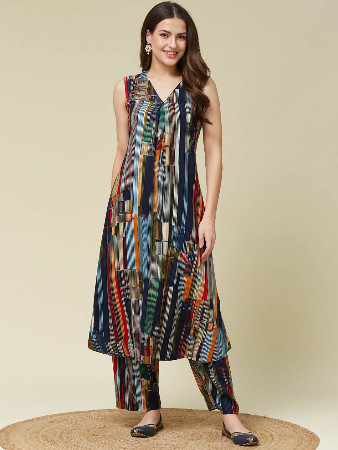 

FASHVERSE Striped V-Neck A-Line Kurta With Palazzo, Blue