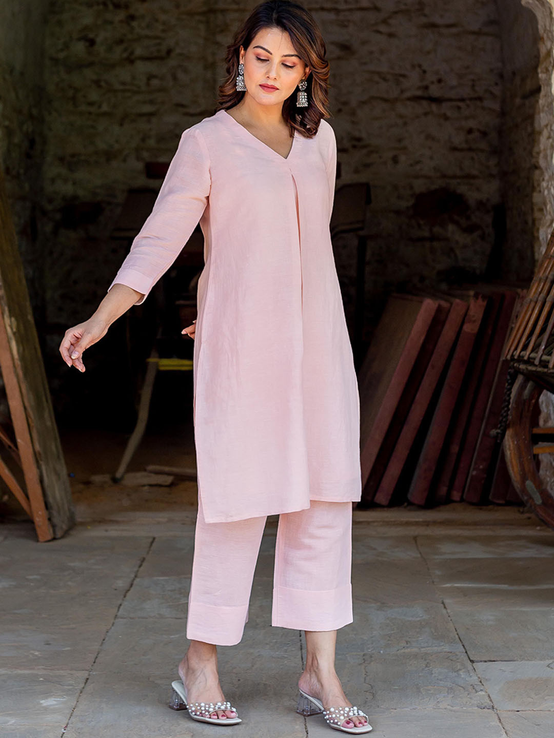 

MISSPRINT V-Neck Straight Kurta With Trouser, Pink