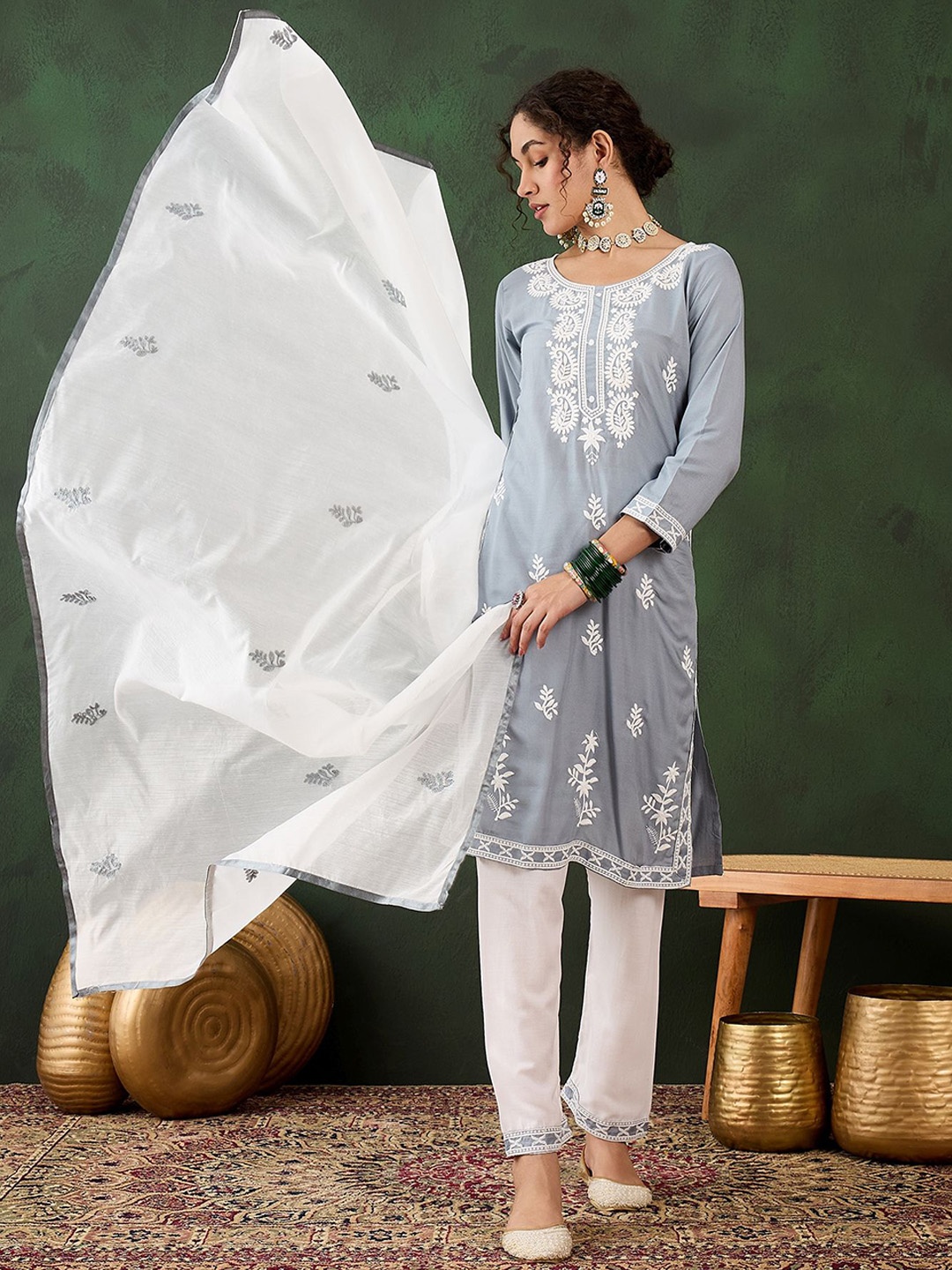 

Maroosh Paisley Embroidered Round Neck Thread Work Straight Kurta With Trouser & Dupatta, Grey
