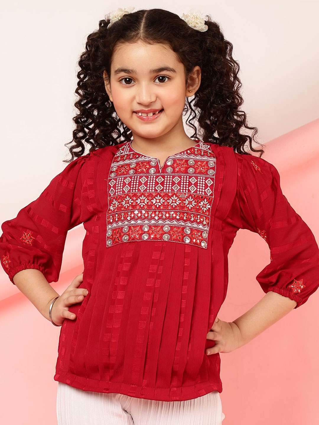 

Miss & Chief Girls Embroidered Bishop Sleeves Top, Maroon