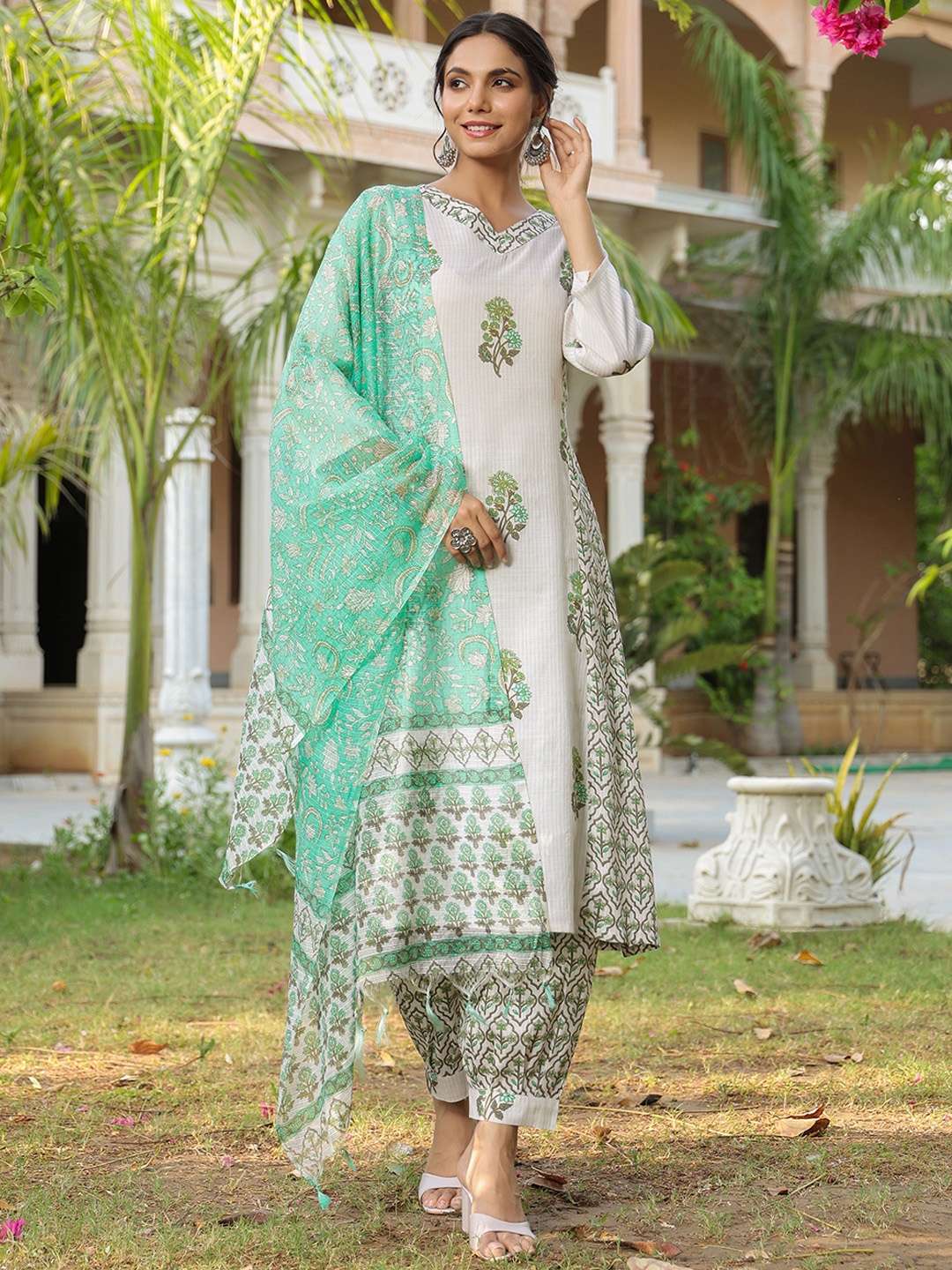 

KALINI Floral Printed Pure Cotton Straight Kurta With Salwar And Dupatta, White