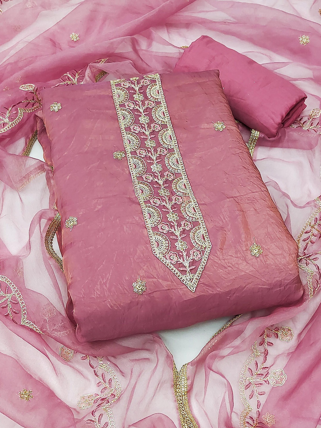 

SAINOOR Floral Embroidered Pure Silk Unstitched Dress Material, Pink
