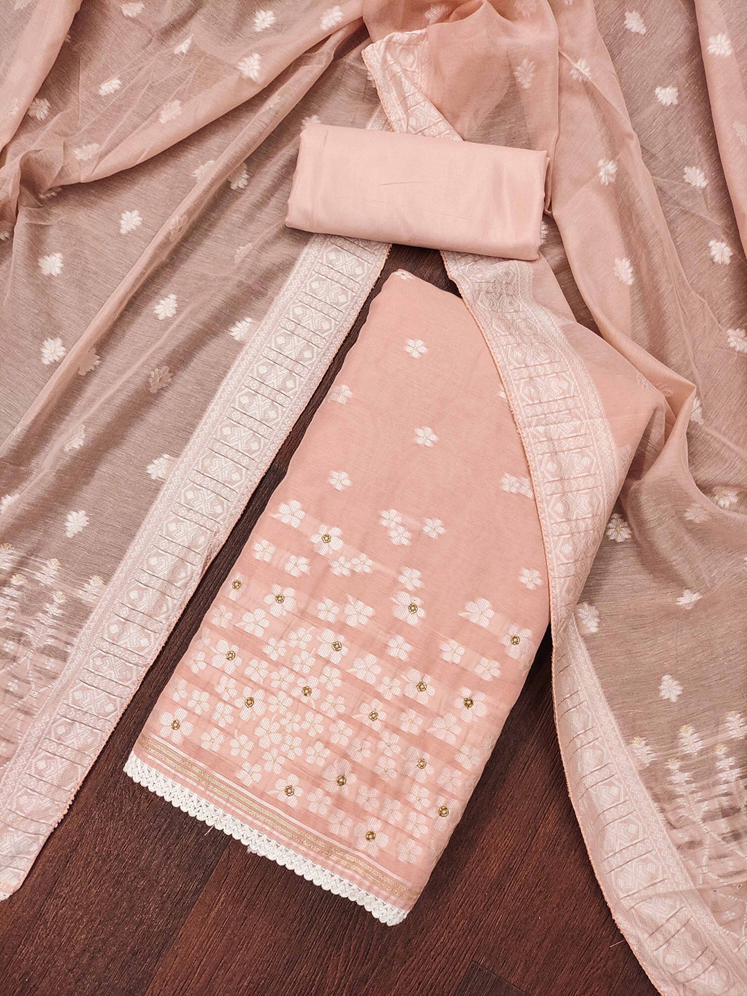 

SAINOOR Floral Woven Design Banarasi Cotton Semi-Stitched Dress Material, Peach