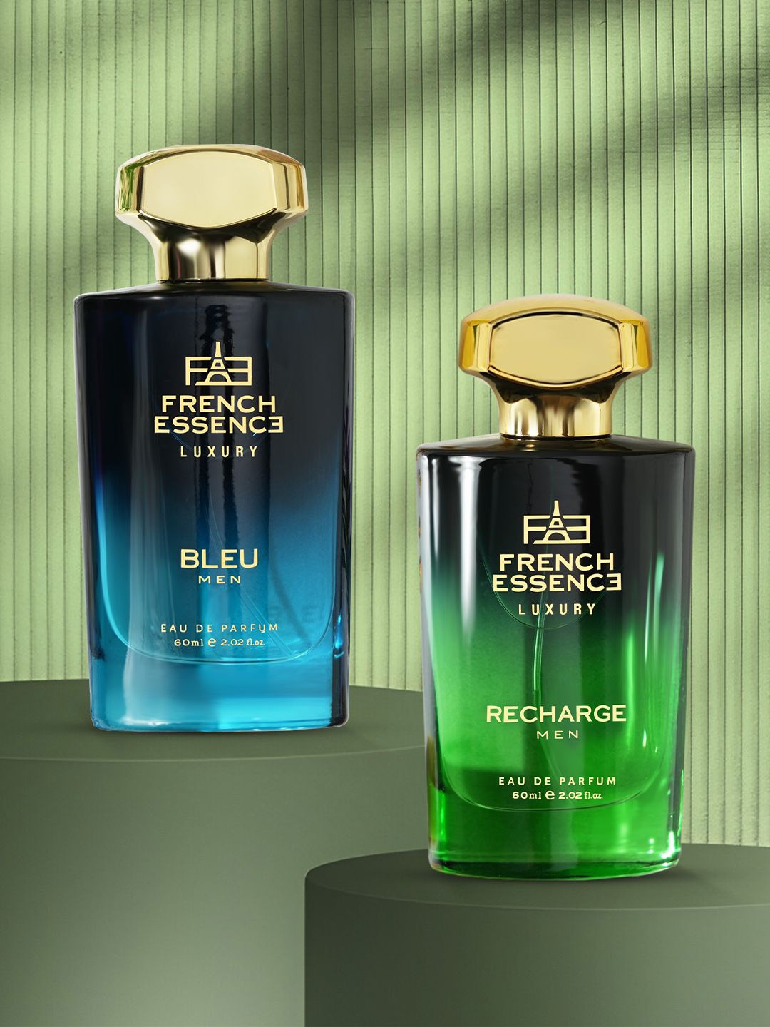 

FRENCH ESSENCE Men Recharge And Bleu Set Of 2 Long Lasting Eau De Parfum - 60 ml Each, Gold