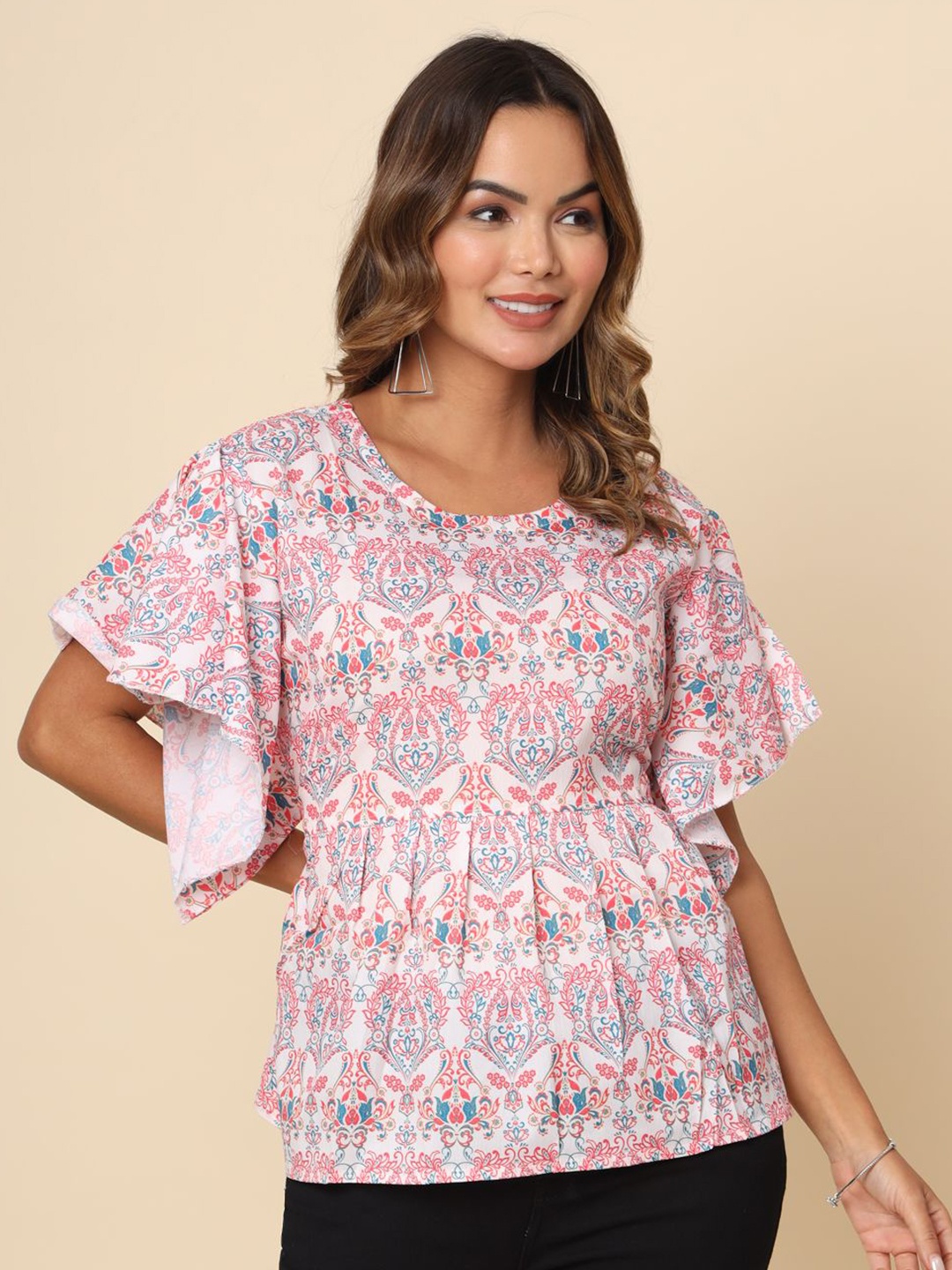 

DressBerry Print Flutter Sleeve Crepe Top, Pink