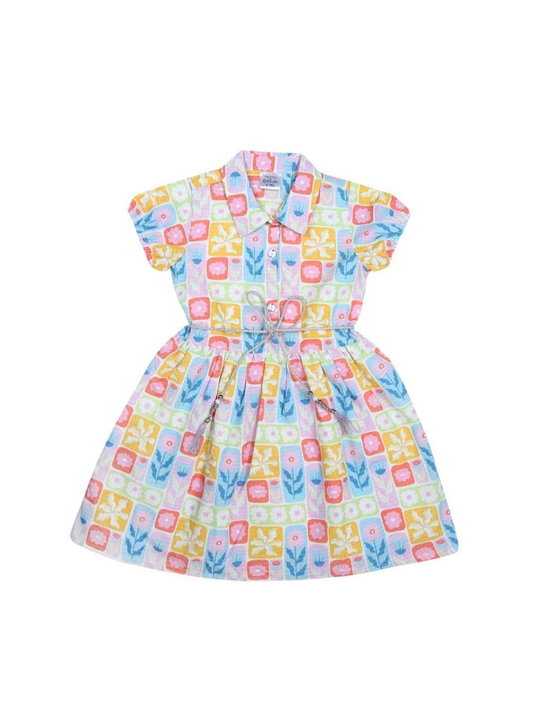 

Doodle Girl Floral Print Tie-up Belted Shirt Dress, Off white
