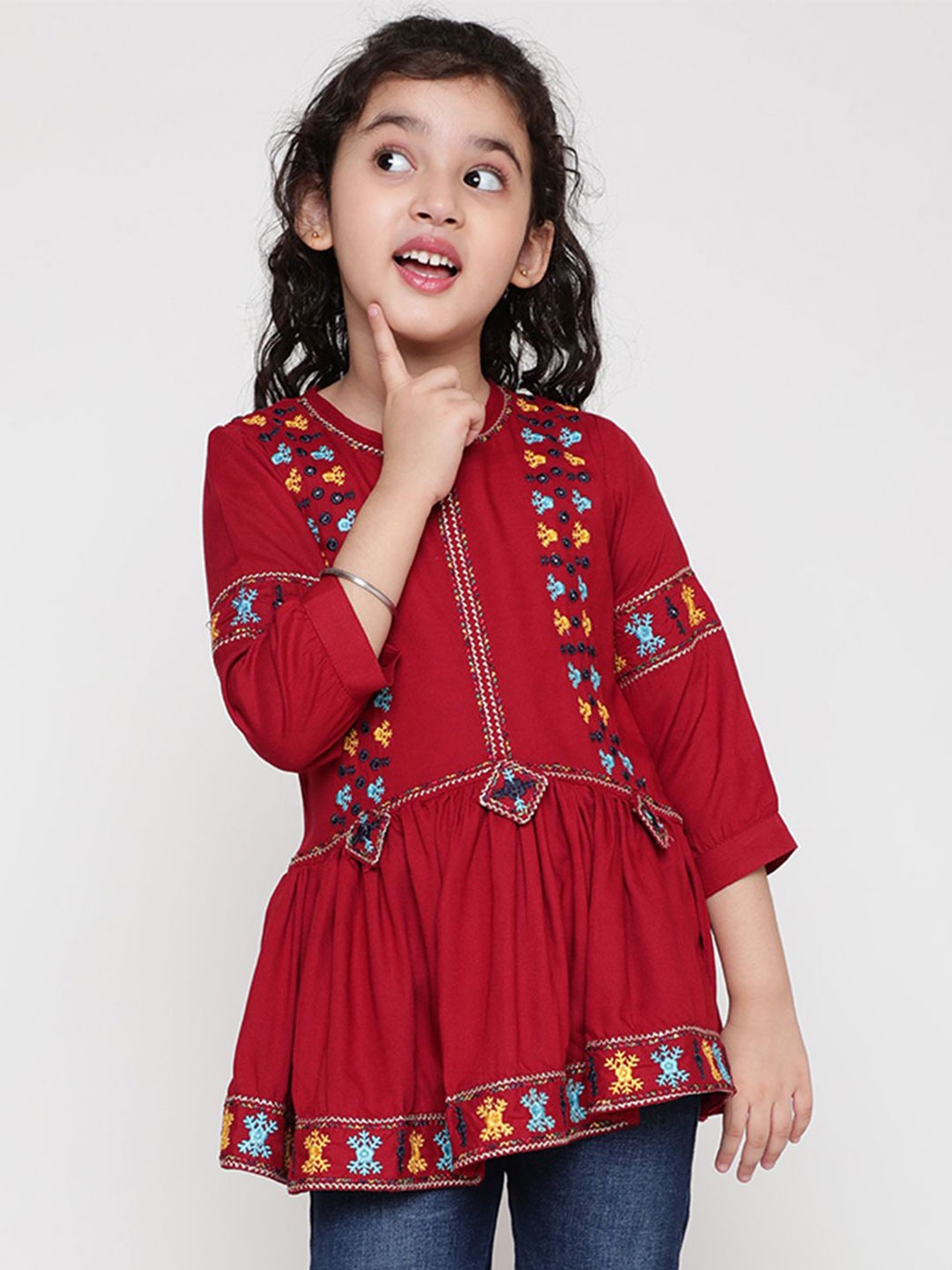 

Miss & Chief Floral Embroidered Bell Sleeve Top, Maroon