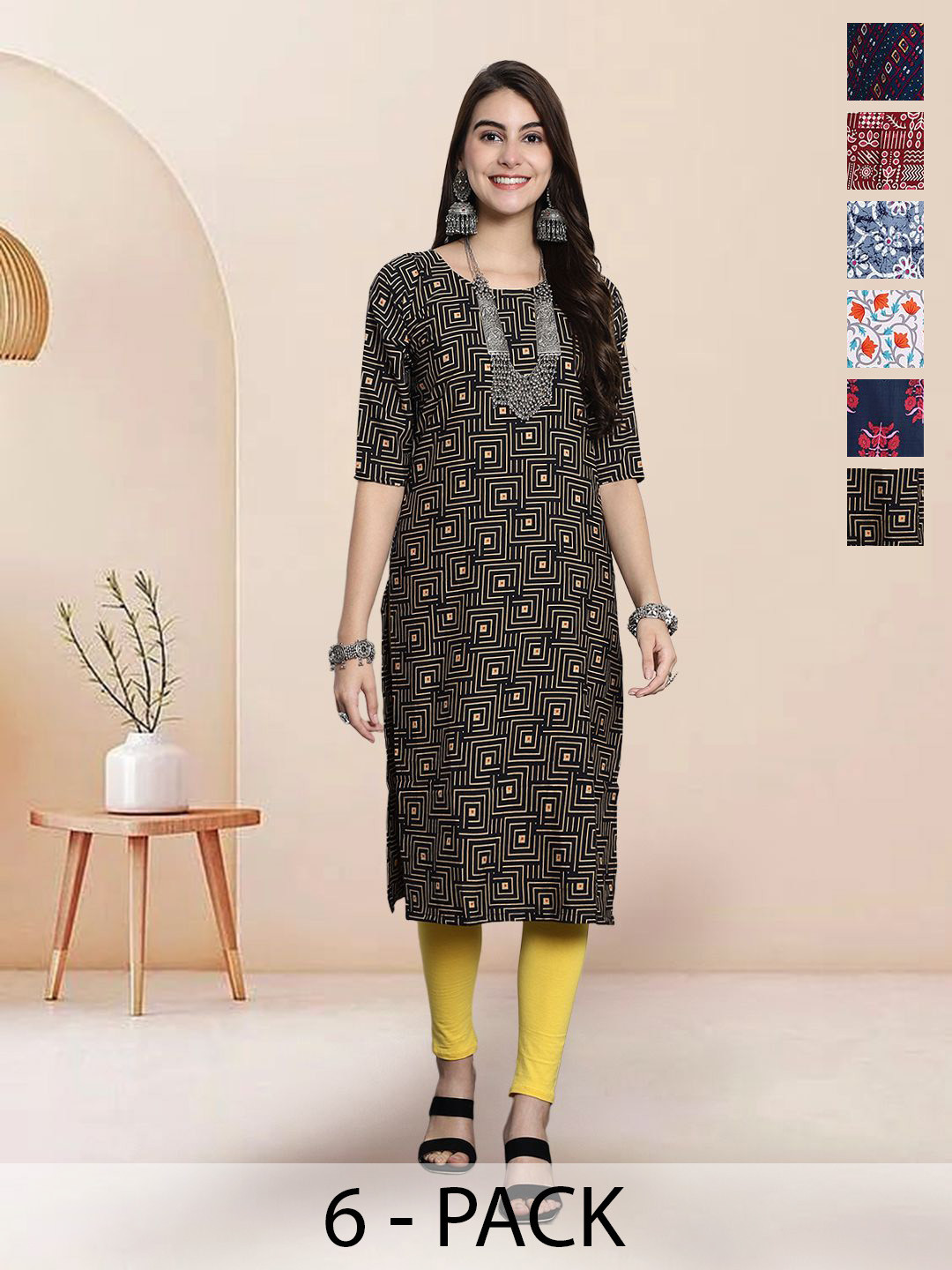 

7Threads Selection Of 6 Geometric Printed Round Neck Straight Kurtas, Black