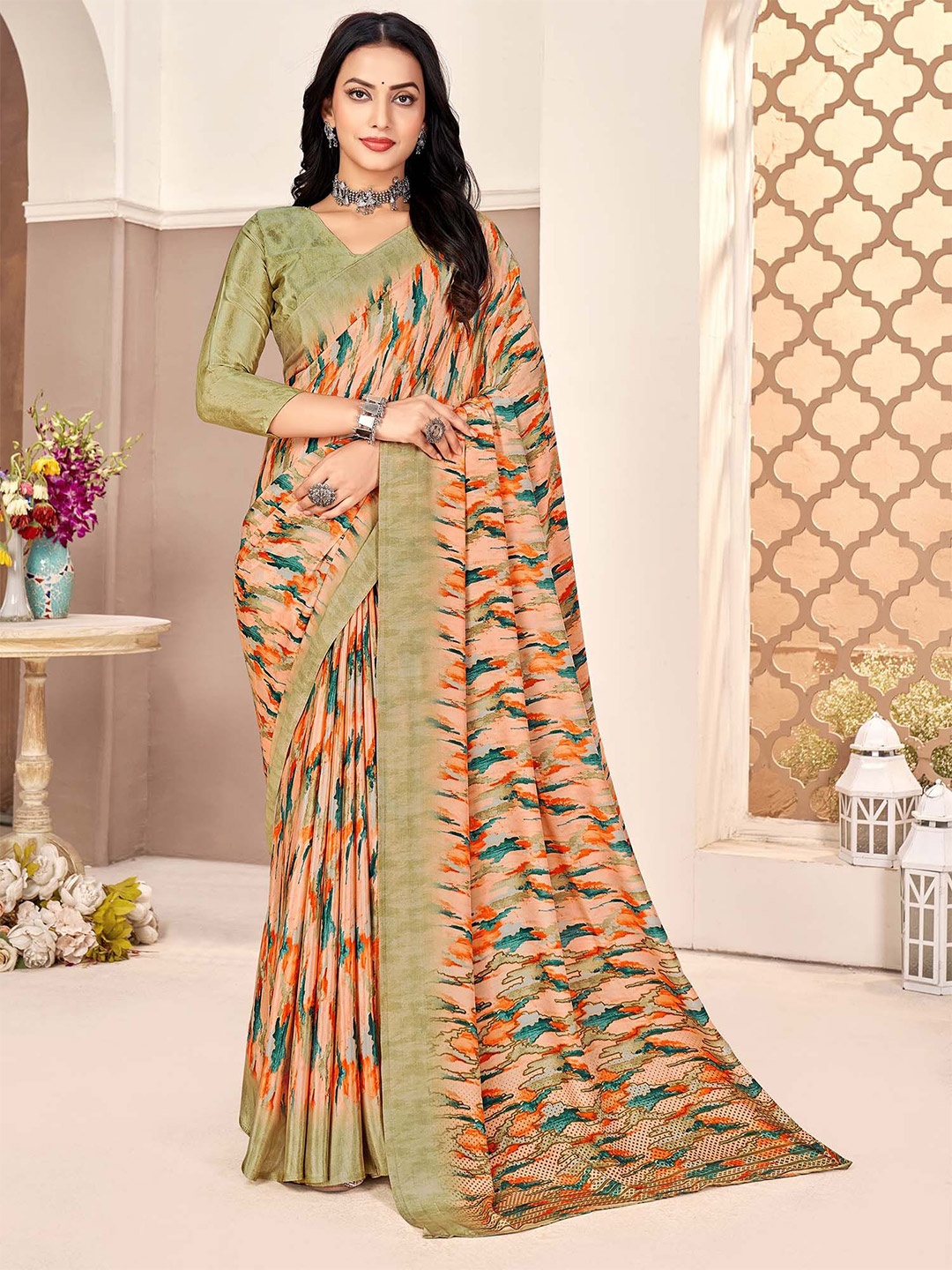 

KALINI Poly Crepe Sungudi Saree, Peach