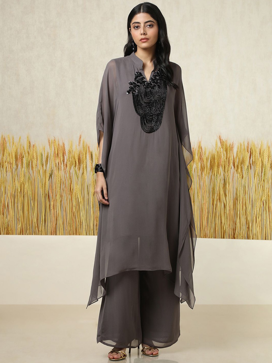 

Soch Floral Yoke Design Mandarin Collar Beads Work Georgette Kurta & Palazzos & Inner, Grey
