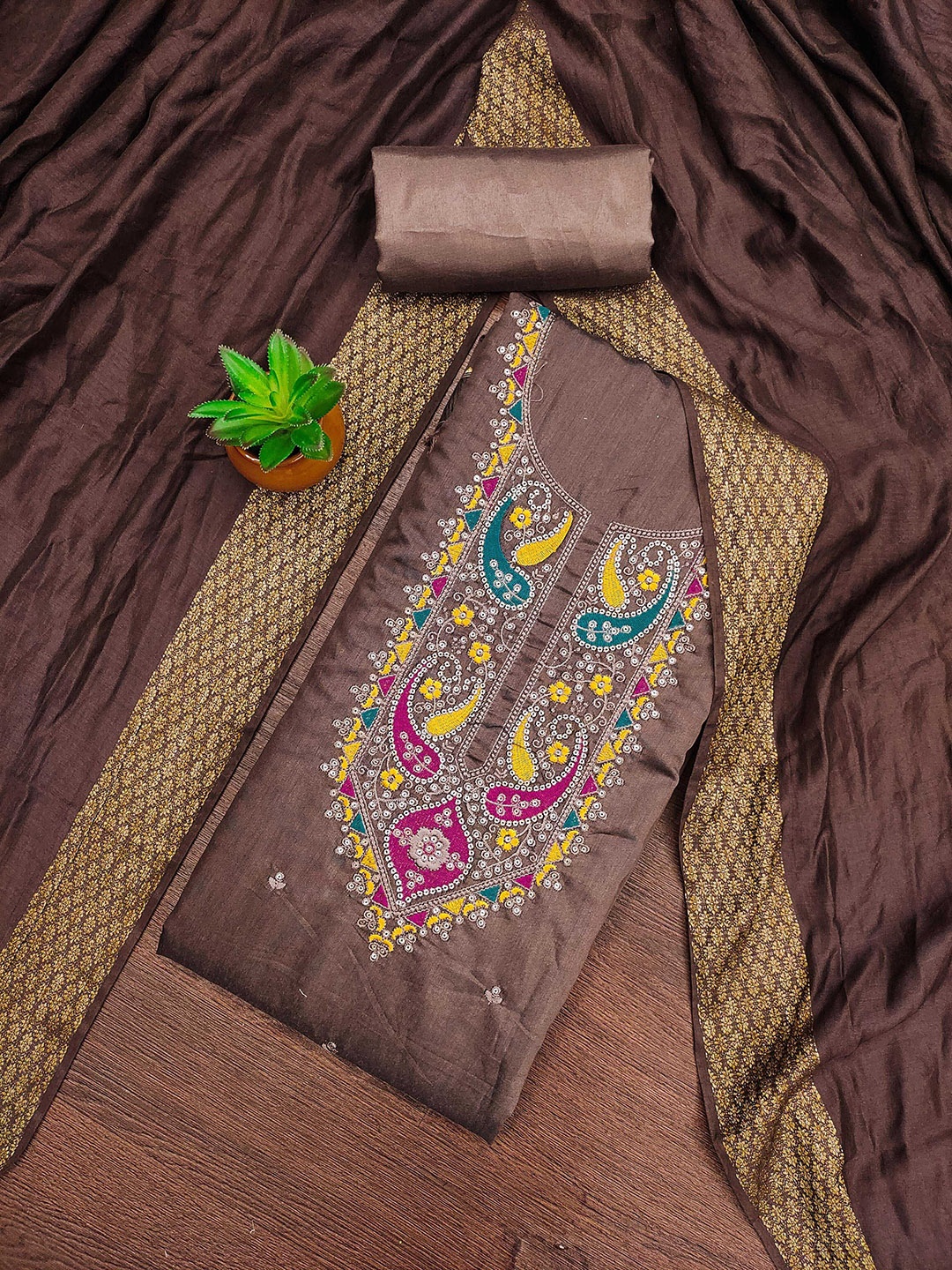 

SAINOOR Paisley Embroidered Sequinned Unstitched Dress Material, Brown