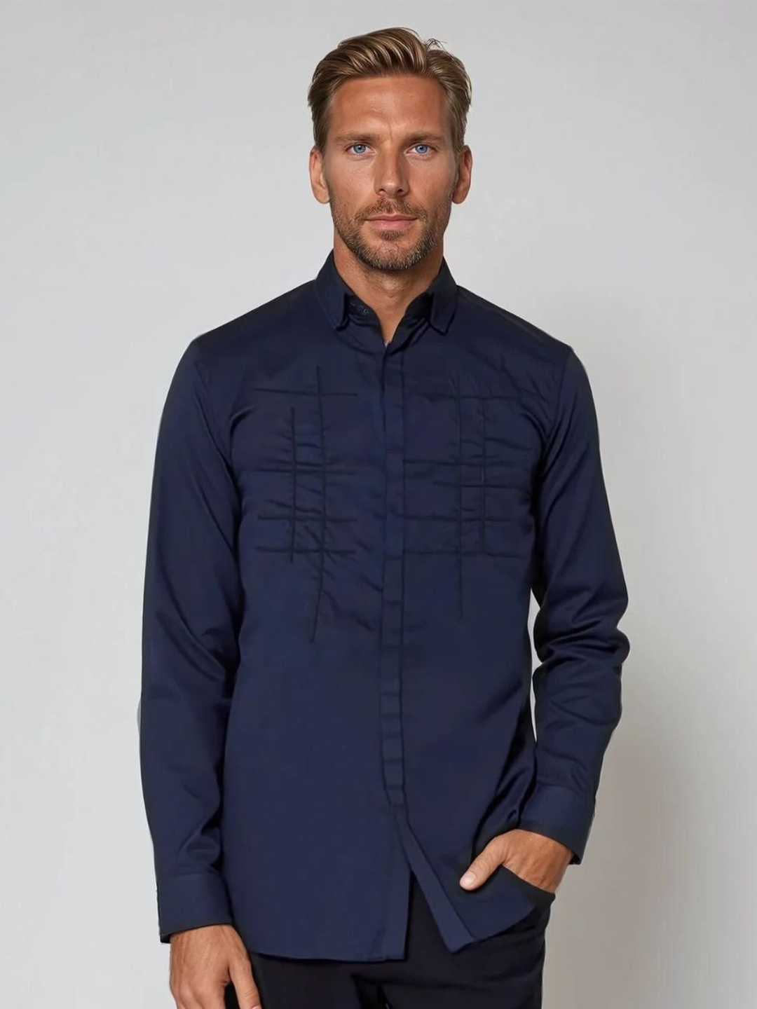 

HE SPOKE Men Smart Tailored Fit Opaque Printed Party Shirt, Navy blue