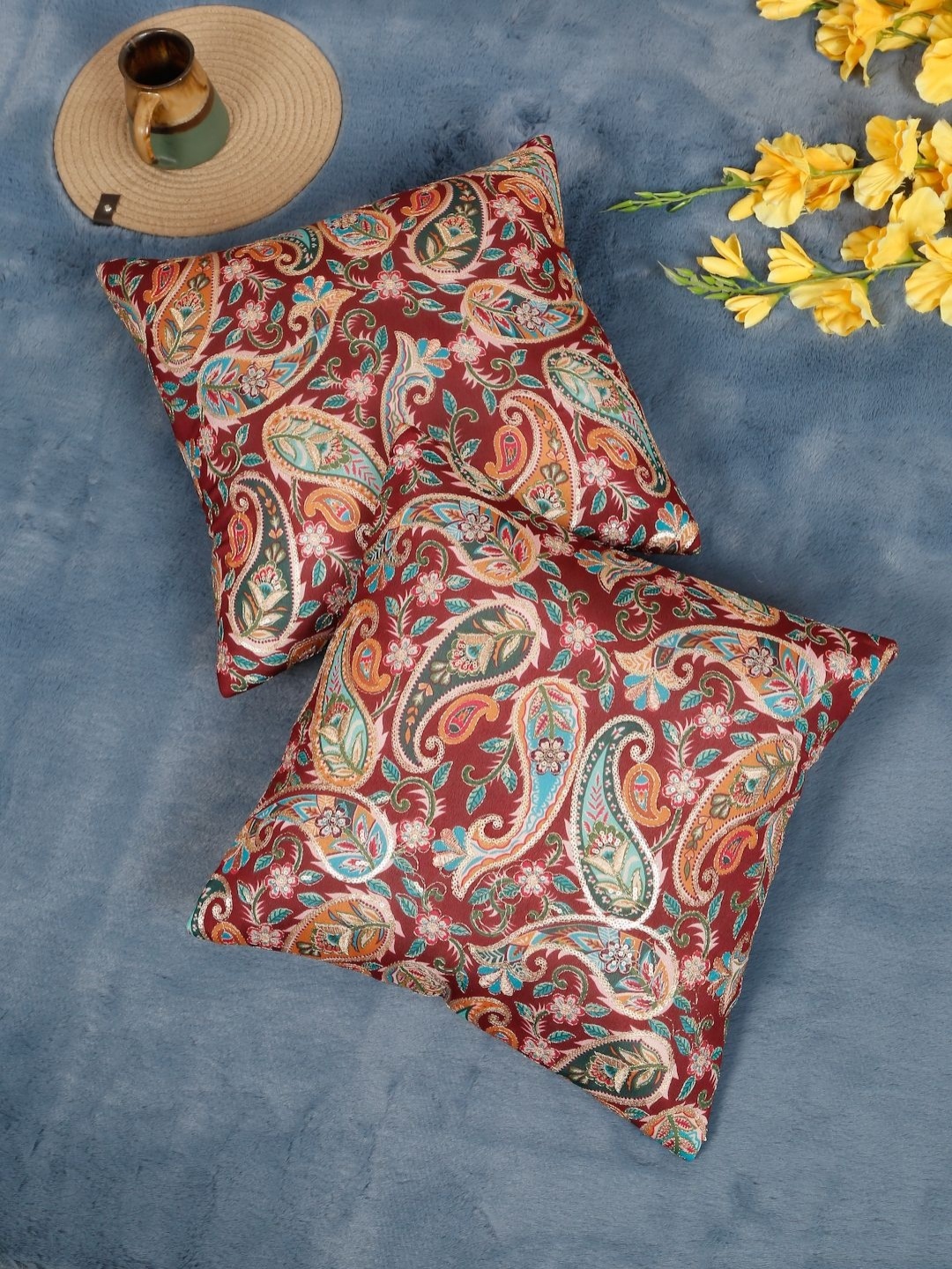 

HOSTA HOMES Maroon & Blue 2 Pieces Ethnic Motifs Embellished Square Cushion Covers