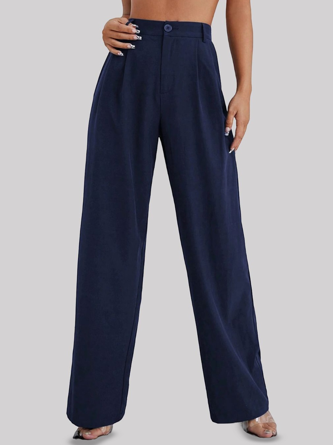 

FNOCKS Women Custom Straight Fit High-Rise Trousers, Navy blue