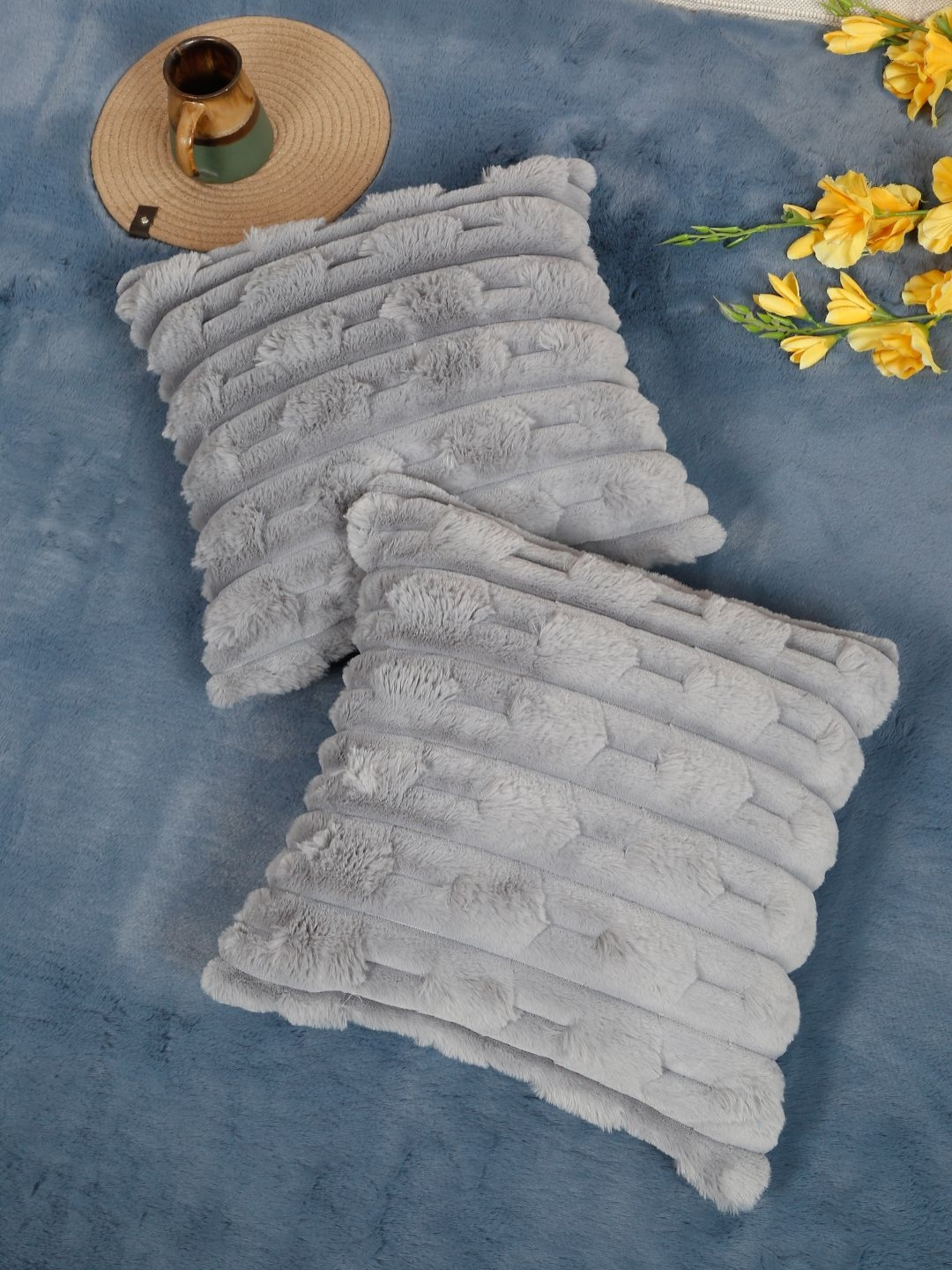 

HOSTA HOMES Grey 2 Pieces Textured Fur Square Cushion