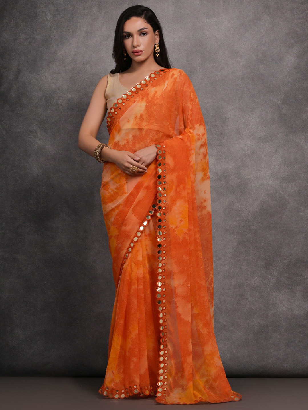 

DIVASTRI Mirror Work Saree, Orange