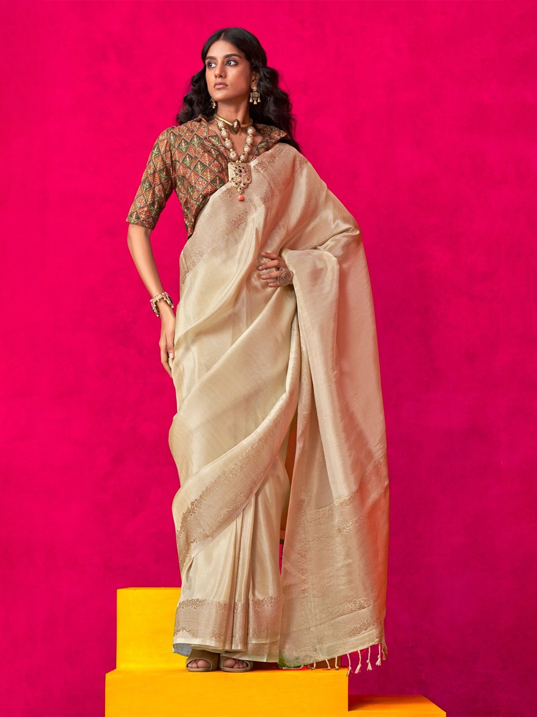 

MySilkLove Solid Tissue Saree with Woven Design Border, Cream