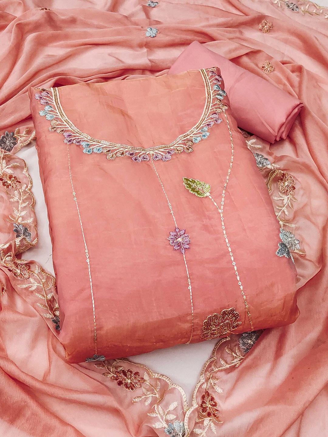 

SAINOOR Embroidered Thread Work Pure Silk Semi-Stitched Dress Material, Peach